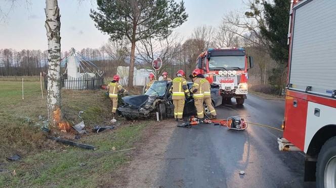 Pod Nidzicą auto roztrzaskało się na drzewie. 19-letni kierowca zabrany przez śmigłowiec LPR [ZDJĘCIA]