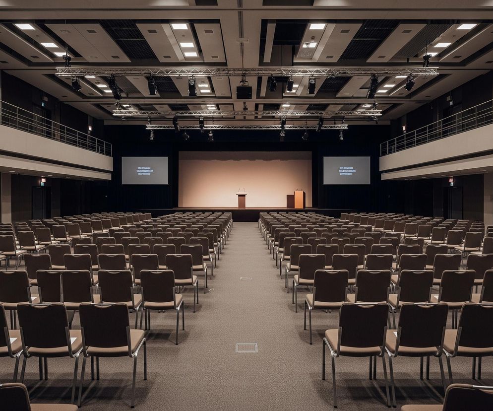 Wielka, pusta sala konferencyjna z rzędami brązowych krzeseł, ustawionych w dwóch głównych sekcjach rozdzielonych szeroką aleją, prowadzi wzrok w kierunku sceny. Na scenie znajdują się dwa drewniane pulpity i dwa ekrany projekcyjne, wyświetlające tekst w języku obcym. Sufit sali jest ozdobiony kasetonami z podłużnymi, prostokątnymi oprawami oświetleniowymi, a ponad sceną wiszą metalowe kratownice z reflektorami. Wzdłuż bocznych ścian sali biegnie balkon z metalową balustradą, z widocznymi drzwiami i znakami wyjścia awaryjnego.