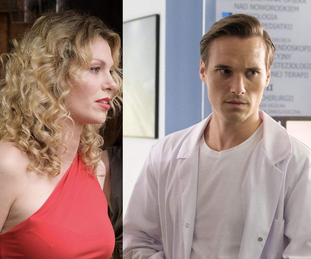 Aktorka Magdalena Dwurzyńska jako Klaudia w czerwonej sukience i aktor Maurycy Popiel jako Olek w białym kitlu, oboje spoglądają w tę samą stronę. O ich losach przeczytasz na stronie Super Seriale.