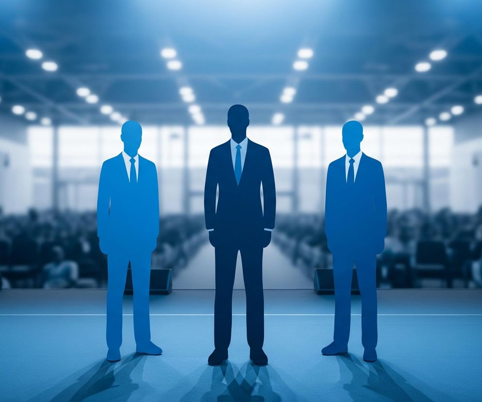 Na scenie, oświetlonej od góry niebieskawym światłem, stoją trzy stylizowane, jednokolorowe sylwetki mężczyzn w garniturach. Środkowa postać jest ciemnoniebieska, z jaśniejszym krawatem, a dwie boczne sylwetki są jednolicie jasnoniebieskie, symetrycznie rozmieszczone po bokach. Ich cienie rzucają się na jasnoniebieską podłogę sceny. W tle widać rozmyte audytorium wypełnione siedzącymi ludźmi oraz sufity z rzędami jasnych punktów świetlnych.