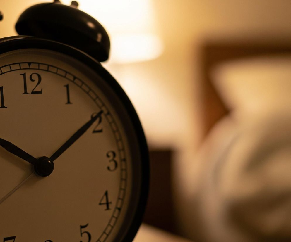Na pierwszym planie, z lewej strony, widoczny jest czarny budzik z białą tarczą. Czarne wskazówki, godzinowa i minutowa, wskazują godzinę 10:10, a także widoczne są czarne cyfry od 1 do 12 oraz podziałki minutowe. Z tyłu budzika wystają dwie metalowe dzwonki oraz uchwyt. Tło jest rozmyte i ciepłe, w odcieniach beżu i brązu, sugerujące wnętrze sypialni z elementami mebli i oświetleniem.