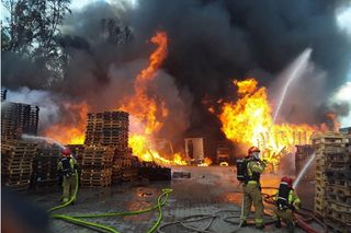 Łódź. Ogromny pożar ciężarówek i składowiska palet. Dramat na ul. Starorudzkiej [ZDJĘCIA].