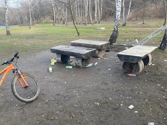 Wandalizm w centrum Trzebini. Śmieci, uszkodzone drzewka i zniszczona ścieżka pszczelarska