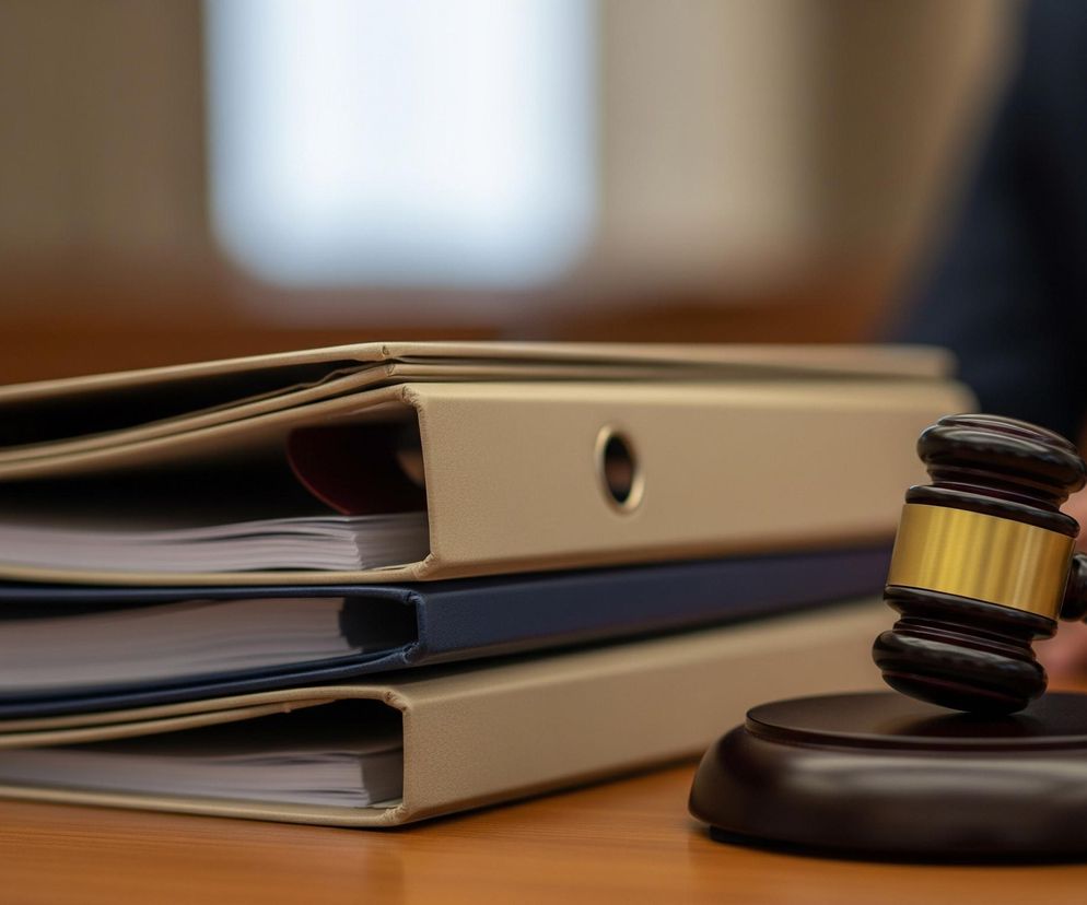 Na drewnianym blacie stołu, w prawym dolnym rogu, leży ciemnobrązowy młotek sędziowski ze złotą obręczą na głowicy, oparty o okrągłą podstawkę. Za nim, w lewej części kadru, ułożone są trzy segregatory: dwa jasnobrązowe, jeden na dole i jeden na górze, a pomiędzy nimi jeden ciemnoniebieski. W tle widać niewyraźną postać osoby w granatowej marynarce i białej koszuli z krawatem, a także fragmenty jasnych ścian, co sugeruje wnętrze biura lub sali sądowej.