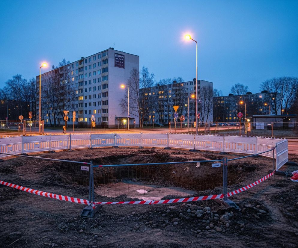 Duży, głęboki wykop otoczony jest półokrągłą, białą, plastikową barierką oraz fragmentem siatkowej, metalowej, tymczasowej konstrukcji zabezpieczającej z biało-czerwoną taśmą ostrzegawczą. Teren wokół wykopu to ziemia z kamieniami i fragmentami trawy. Za barierką widać asfaltową drogę oraz chodnik, a dalej po obu stronach ulicy stoją wysokie bloki mieszkalne z wieloma oknami, z których część jest oświetlona ciepłym, żółtym światłem. Niebo jest ciemnobłękitne, sugerując zmierzch lub świt, a kilka latarni ulicznych rzuca pomarańczowe światło na scenę.