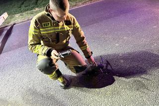 Przyjechali do wypadku, samochód był pusty. Strażacy szukali poszkodowanych dronem 
