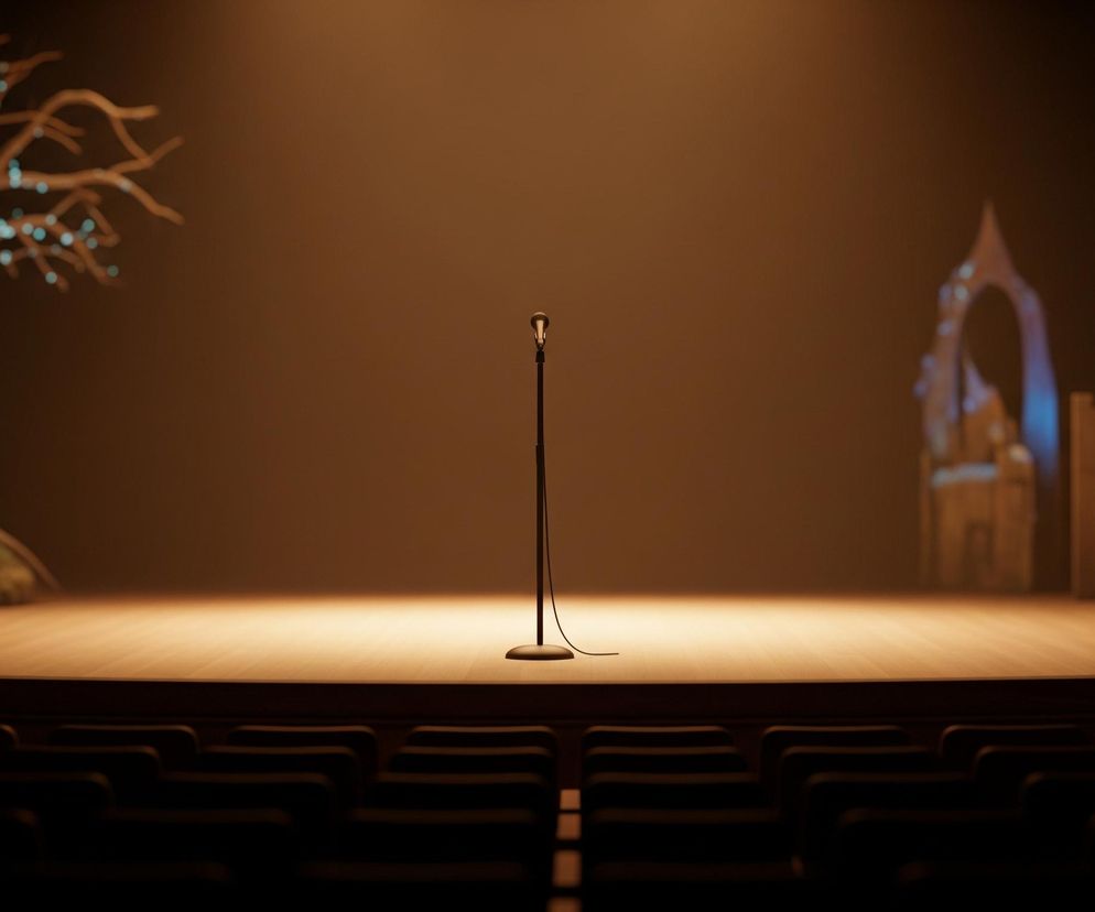 Na pierwszym planie, centralnie, stoi mikrofon na czarnym, prostym statywie z okrągłą podstawą i cienkim kablem. Tło sceny jest ciemnopomarańczowe, z jasnym pasem światła na drewnianej podłodze. Po lewej stronie sceny widoczne jest stylizowane drzewo z brązowymi gałęziami, ozdobione licznymi, świecącymi na turkusowo kropkami. Po prawej stronie sceny znajduje się dekoracja przypominająca kamienną wieżę zamkową z blankami i spiczastym dachem, oraz niżej, zarys łuku z niebieskim podświetleniem. Na dole zdjęcia widać rzędy pustych, ciemnych siedzeń widowni.