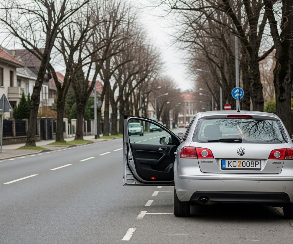 Srebrny samochód typu hatchback stoi zaparkowany równolegle do krawężnika na ulicy po prawej stronie kadru, z otwartymi drzwiami kierowcy. Na tablicy rejestracyjnej widnieje napis KC 200BP oraz symbol RB. Ulica rozciąga się w głąb kadru, otoczona rzędami bezlistnych drzew i budynkami mieszkalnymi o spadzistych, czerwonych dachach. Szare, zachmurzone niebo widoczne jest nad horyzontem.