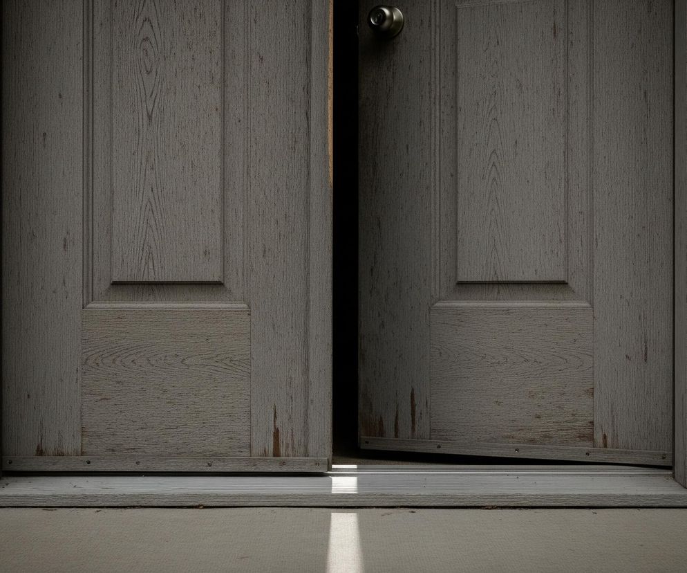 Dwoje starych, drewnianych, uchylonych drzwi w kolorze szarym zajmuje centrum kadru, ukazując ciemną przestrzeń za nimi. Lewe skrzydło drzwi jest prawie zamknięte, podczas gdy prawe jest szerzej otwarte, z widoczną metalową gałką na górze. Po obu stronach drzwi znajduje się ściana o chropowatej teksturze w jasnym, piaskowym odcieniu, a na dole, przed progiem, rozciąga się szara, betonowa powierzchnia. Przez szparę między drzwiami a podłogą oraz w poprzek betonu pada pasek jasnego światła.