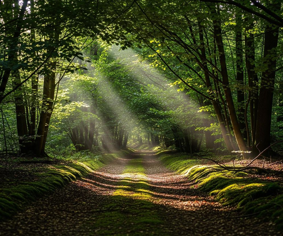 Kręta, porośnięta mchem ścieżka prowadzi przez gęsty las, tworząc perspektywiczny tunel. Promienie słońca, wpadające ukośnie z lewej strony, przebijają się przez korony drzew, tworząc świetliste smugi i plamy światła na leśnym podłożu oraz mchu. Zieleń liści drzew jest zróżnicowana, od jasnych, niemal fluoryzujących barw w miejscach nasłonecznionych, po głębokie, ciemne odcienie w cieniu, a mchy na brzegach ścieżki intensywnie świecą złotym światłem.