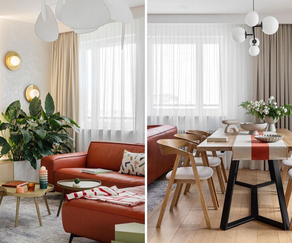 Stonowany salon i kolorowy szał w łazienkach. Mieszkanie w stylu japandi