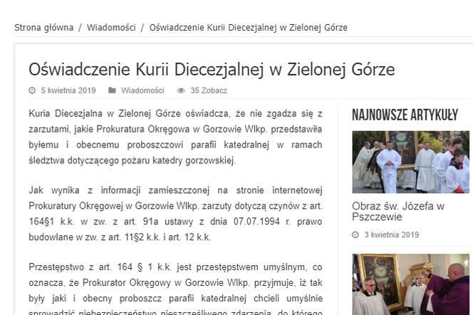 Oświadczenie podpisał prasowy Kurii Diecezjalnej w Zielonej Górze Andrzej Sapieha
