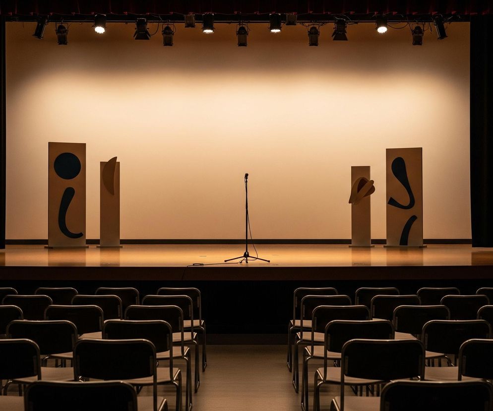 Pusta scena oświetlona jest ciepłym, żółtawym światłem, padającym z rzędu reflektorów zamocowanych u góry. Na scenie stoi mikrofon na statywie oraz cztery beżowe panele dekoracyjne z czarnymi, abstrakcyjnymi kształtami. Scena otoczona jest ciemnoczerwonymi i czarnymi zasłonami, a przed nią rozciąga się rzędami pusta widownia z ciemnymi krzesłami.