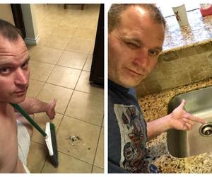 Wysyłał ukochanej seksowne fotki, o jakich skrycie marzy każda kobieta. Pozuje topless z miotłą