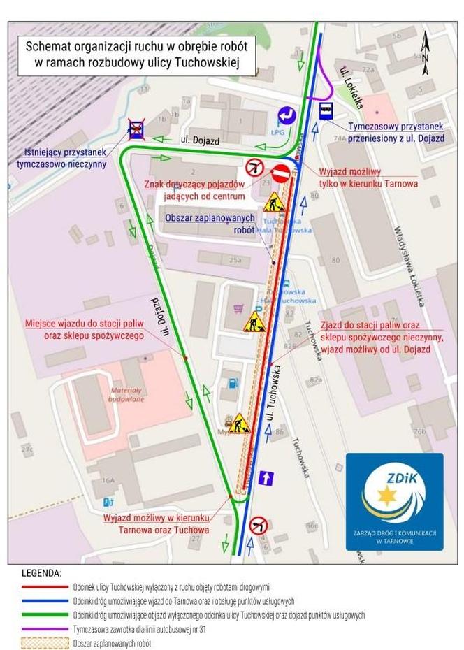 Schemat organizacji ruchu obowiązującej na ulicy Tuchowskiej w Tarnowie 