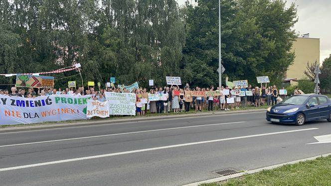 Protest mieszkańców przeciwko wycince drzew pod budowę linii tramwajowej do Mistrzejowic.