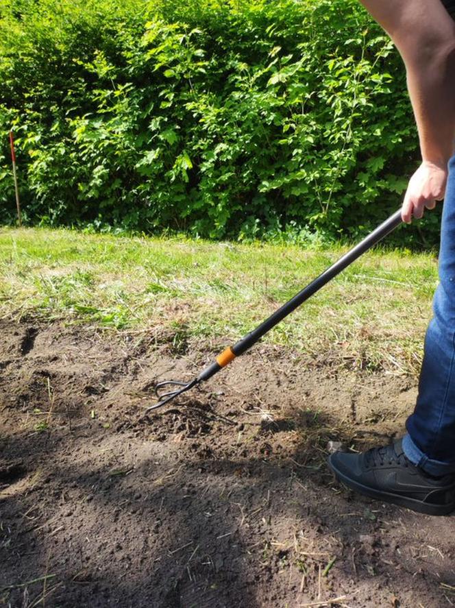 Zakładanie łąki kwietnej - rozbijanie grudek gleby motyką