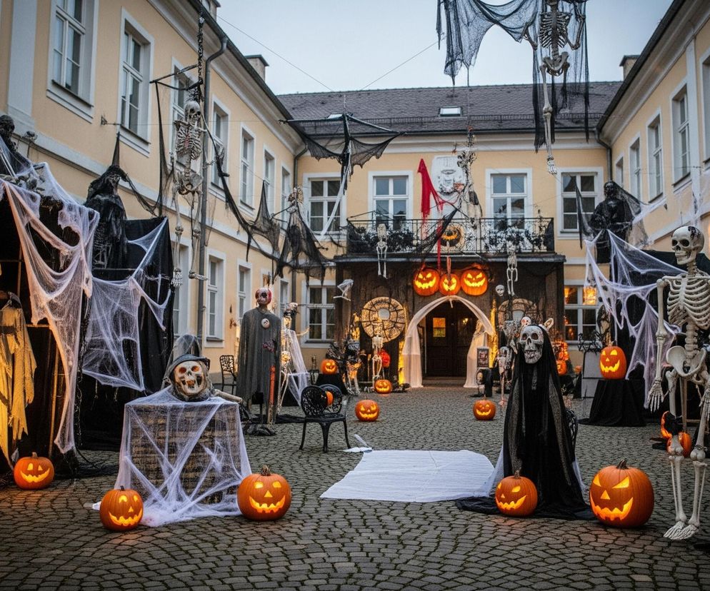 Dziedziniec otoczony jasnymi, beżowymi budynkami, z oknami z białymi ramami, jest bogato udekorowany w stylu Halloween. Wzdłuż ścian stoją liczne szkielety różnej wielkości, niektóre ubrane w czarne, poszarpane szaty, inne owinięte w pajęczynę. W centralnej części dziedzińca i na parapetach okiennych rozstawiono wiele rzeźbionych dyń z wyciętymi twarzami, świecących ciepłym, pomarańczowym światłem. Z balkonów i zadaszeń zwisają czarne, podarte tkaniny przypominające pajęczyny, a także kolejne wiszące szkielety. Na dziedzińcu leży rozłożony biały materiał przypominający całun.