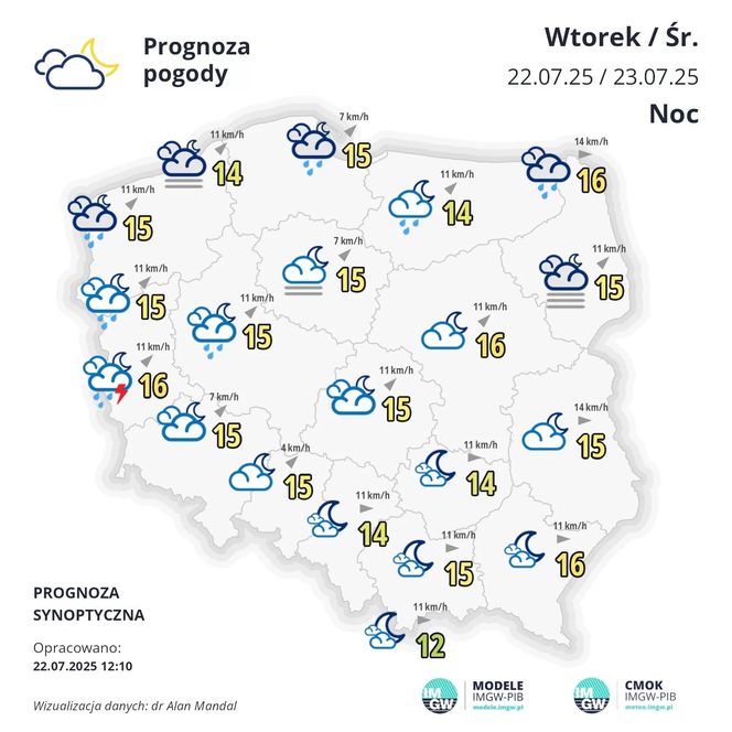 Pogoda IMGW na noc z wtorku na środę, 22/23 lipca