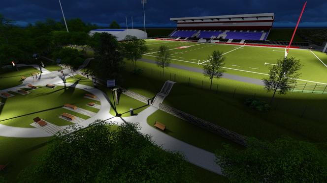 "Edukacyjny ekotaras" -   propozycja zagospodarowania terenu przyległego do Olimpijskiego Stadionu Rugby z widokiem na dolinę i Łynę.