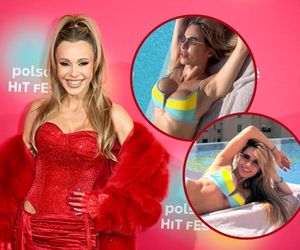 Rozpalona słońcem Doda wyleguje się nad basenem. Kolorowe bikini ledwo pomieściło jej bujny biust