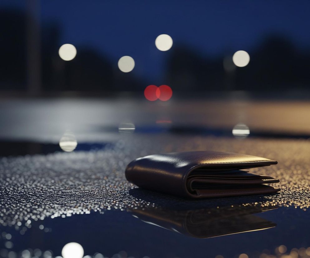 Brązowy portfel leży na mokrej, ciemnej powierzchni, pokrytej drobnymi kroplami wody, tworzącymi odbicia światła. W tle widoczne są rozmyte, jasne punkty światła w kolorze białym i czerwonym, sugerujące nocne oświetlenie miejskie. Ciemnoniebieskie niebo w tle jest rozmyte, podobnie jak odległe kształty drzew lub budynków. Portfel, skierowany lekko w prawo, odbija się w kałuży pod nim.