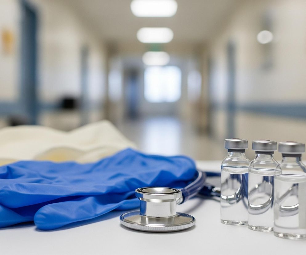 Na pierwszym planie, na białej powierzchni, ułożone są niebieskie i beżowe rękawiczki medyczne, stetoskop i trzy przezroczyste fiolki z bezbarwnym płynem. Niebieskie rękawiczki leżą na beżowych, a za nimi znajduje się srebrna głowica stetoskopu i jego niebieski przewód. Po prawej stronie, obok stetoskopu, stoją trzy szklane fiolki z szarymi nakrętkami. W tle, rozmyty korytarz szpitalny o jasnych ścianach i fragmentach niebieskich linii, rozświetlony podłużnymi lampami sufitowymi.
