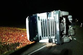 Tir przewożący jabłka wylądował na boku. Towar wysypał się na łąkę