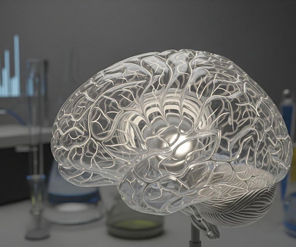 Przezroczysty, trójwymiarowy model mózgu, wykonany ze szkła lub plastiku, stanowi centralny element kompozycji. Odznacza się widocznymi zwojami i bruzdami, a jego powierzchnia odbija światło, tworząc jasne refleksy. Mózg umieszczony jest na metalowym pręcie, który wychodzi z dolnej części kadru, a tło przedstawia rozmazane wnętrze laboratorium z różnorodnym sprzętem, w tym zlewkami, kolbami, niebieskimi wężami i ekranem z wykresem słupkowym.