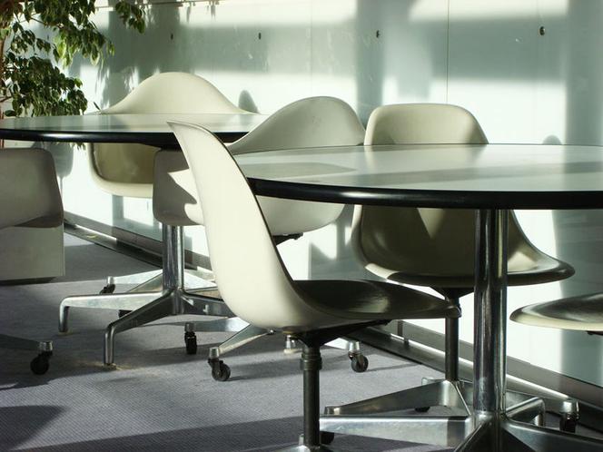 Wykonane z tworzywa i stali krzesła projektu Charlesa i Ray Eamesów.