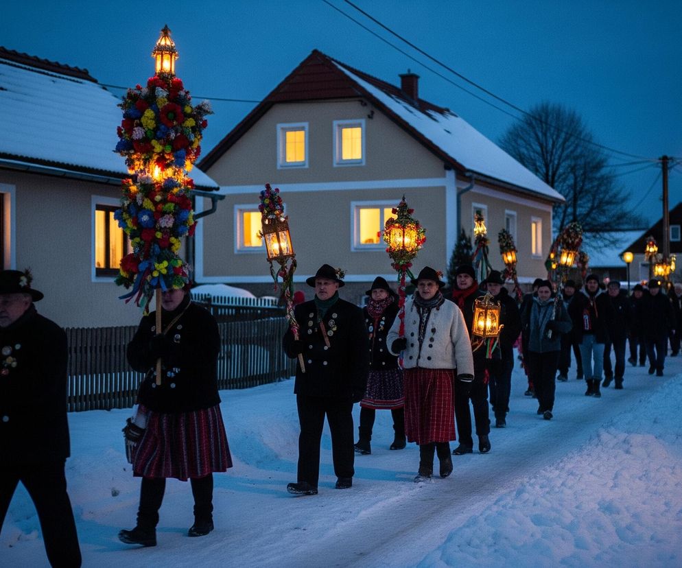 Grupa ludzi maszeruje po zaśnieżonej drodze, oświetlonej przez latarnie i światła z okien domów. Osoby na pierwszym planie niosą bogato zdobione słupy z latarniami na szczycie, przypominające choinki lub świąteczne ozdoby, z których jeden jest szczególnie wysoki i kolorowy. Wiele osób ubranych jest w ciemne, tradycyjne stroje, a część z nich nosi kapelusze. Tło stanowią jasnobeżowe budynki z ośnieżonymi dachami i oknami emitującymi ciepłe, żółte światło. Cała scena rozgrywa się o zmierzchu, pod ciemnym, granatowym niebem, co potęguje kontrast między jasnymi światłami a otoczeniem.