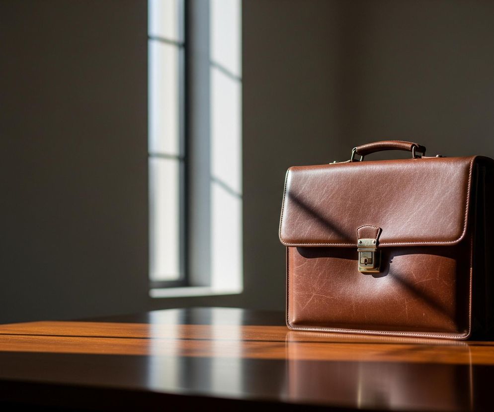 Brązowa aktówka ze skóry stoi na drewnianym stole w pomieszczeniu o szarych ścianach. Prawa strona aktówki oraz duża część stołu są oświetlone smugami światła wpadającego przez okno widoczne w tle po lewej stronie, rzucając na nie wyraźne cienie. Aktówka ma klasyczny fason z rączką na górze i metalowym zapięciem w kolorze starego złota na przedniej klapie.