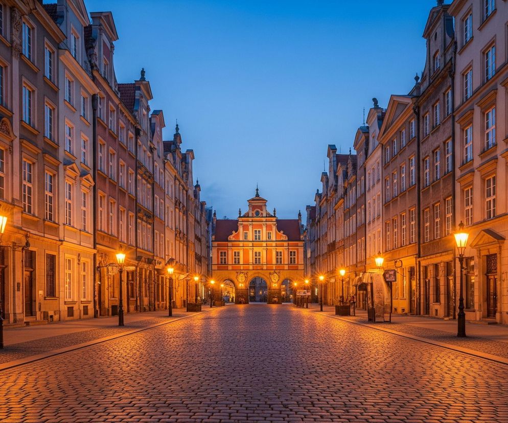 Uliczka wyłożona brukową kostką, oświetlona ciepłym, pomarańczowym światłem latarni, ciągnie się w głąb obrazu, gdzie na jej końcu widać duży, wielopiętrowy budynek w odcieniach czerwieni i pomarańczy z ozdobnym szczytem i łukowym przejściem na parterze. Po obu stronach uliczki wznoszą się symetrycznie rzędy kamienic, o różnorodnych fasadach w odcieniach szarości, beżu i brązu, z licznymi oknami, z których odbija się błękitne niebo. Na pierwszym planie widać chodniki po obu stronach ulicy, a wzdłuż nich regularnie rozmieszczone latarnie uliczne, emitujące intensywny, żółtopomarańczowy blask, tworzący długie cienie na bruku i fasadach budynków. Niebo nad ulicą jest bezchmurne i ma intensywny, ciemnoniebieski kolor, przechodzący w jaśniejszy odcień przy horyzoncie.