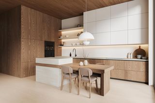 Projekt kuchni z drewnem w roli głównej