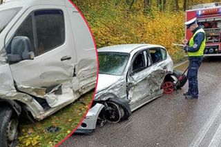 Groźny wypadek na Kaszubach. Czołowe zderzenie osobówki z dostawczakiem. Są poszkodowani