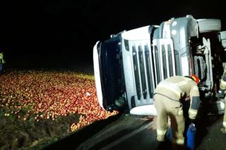 Tir przewożący jabłka wylądował na boku. Towar wysypał się na łąkę