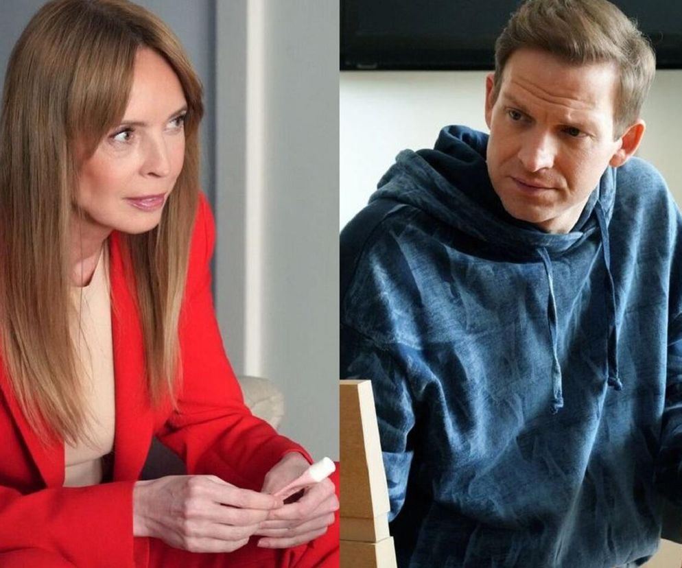 Kolaż zdjęć przedstawiający Katarzynę Tlałkę jako Agnieszkę w czerwonej marynarce i Michała Rolnickiego jako Łukasza w granatowej bluzie z kapturem. Agnieszka, z długimi blond włosami, trzyma w dłoniach mały przedmiot. Łukasz patrzy z niepokojem. Więcej o ich relacji i serialu Barwy szczęścia przeczytasz na stronie Super Seriale.