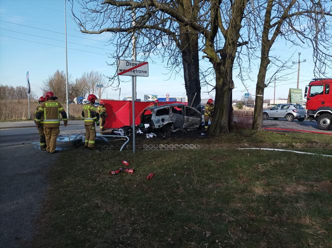 Śmiertelny wypadek pod Zgierzem! Mężczyzna spłonął w objętym pożarem fordzie [ZDJĘCIA]