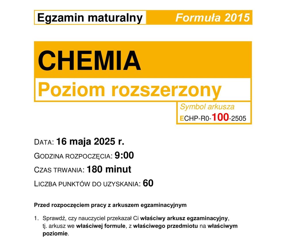 Matura 2025 chemia rozszerzona - arkusz CKE 16.05.2025 - Formuła 2015