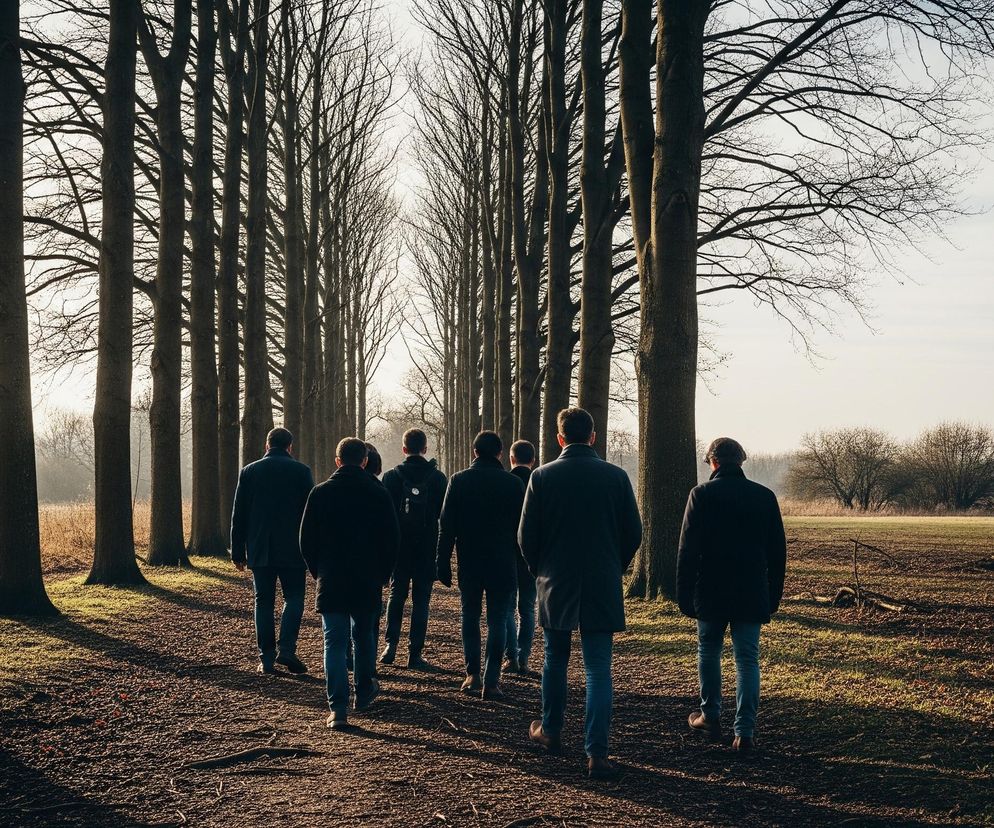 Siedmiu mężczyzn ubranych w ciemne kurtki i niebieskie dżinsy idzie oddalając się po szerokiej, gruntowej ścieżce, która prowadzi przez aleję wysokich, bezlistnych drzew. Drzewa o ciemnych pniach i rozgałęzionych, nagich koronach tworzą symetryczny korytarz, zwężający się w oddali, pod jasnym, zamglonym niebem. Po prawej stronie widać rozległe, trawiaste pole w odcieniach zieleni i brązu, a w tle wznoszą się krzewy i drzewa, również pozbawione liści.