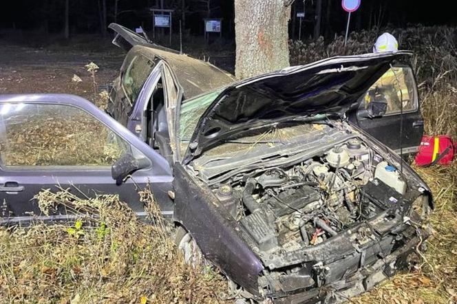 Dachem uderzył w drzewo! Golf zgnieciony jak puszka, kierowca zakleszczony [ZDJĘCIA]
