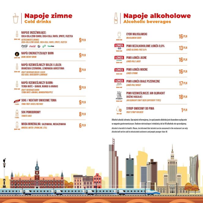 Menu w wagonie restauracyjnym Wars PKP Intercity