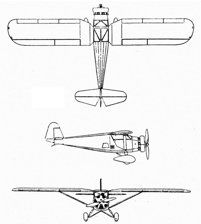 Rysunek techniczny rzutów RWD-6 z dokumentów patentowych z 1933