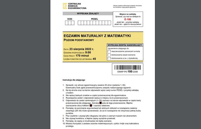 Matura poprawkowa MATEMATYKA 2022 - ODPOWIEDZI, ARKUSZE CKE, ZADANIA, PDF do pobrania