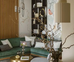 Designerskie wnętrze finansistki. Zielona sofa, autorska tapeta, złoto, lamele i drewno