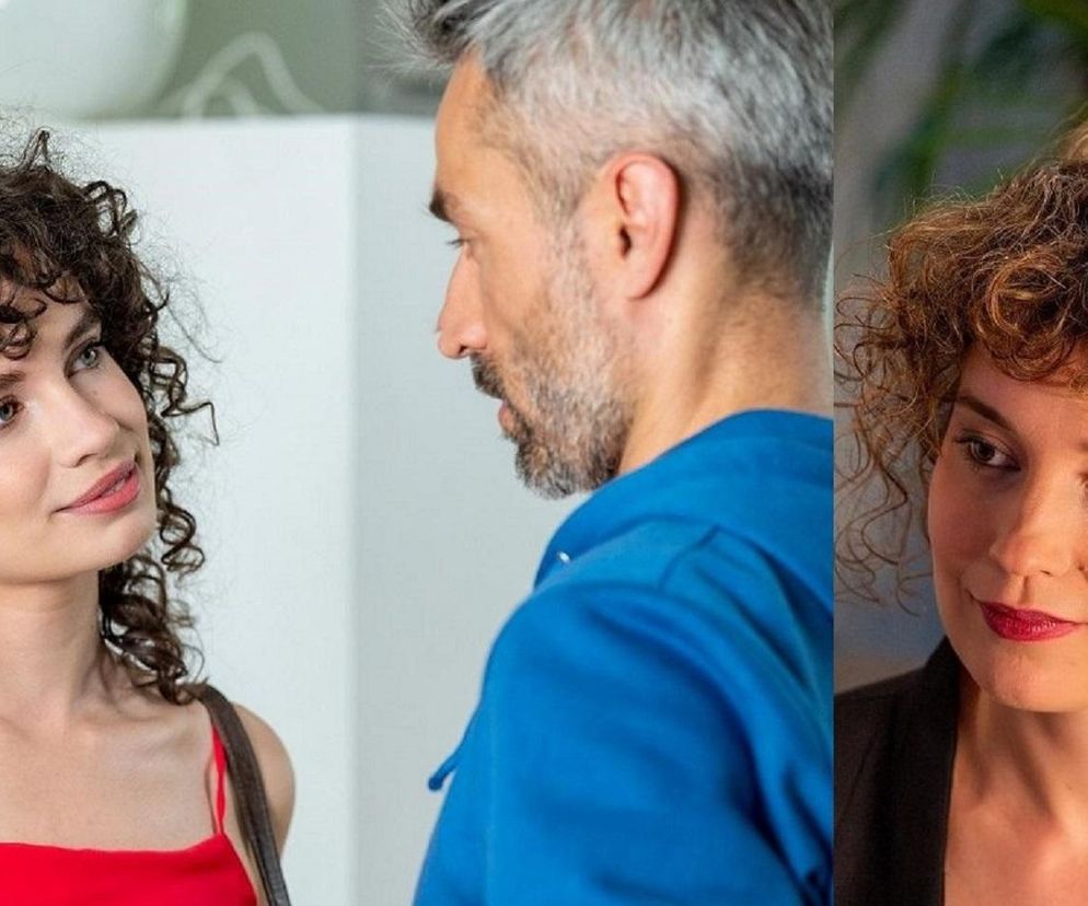 Złożone zdjęcie przedstawiające Adriannę Jagiełło (Róża) w czerwonej bluzce, Huberta Jarczaka (Benio) z profilu oraz Annę Lemieszek (Wanda) w czarnej marynarce, ukazujące miłosny trójkąt z serialu Na sygnale. Więcej o tym przeczytasz na stronie Super Seriale.