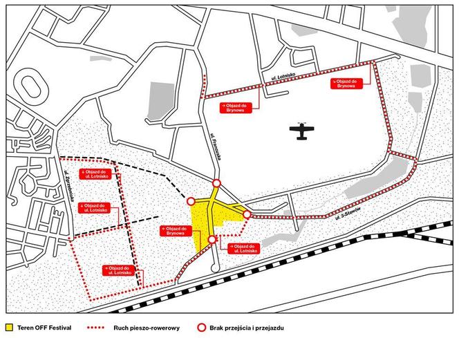 Mapa OFF Festivalu 2024. Utrudnienia dla ruchu pieszo-rowerowego