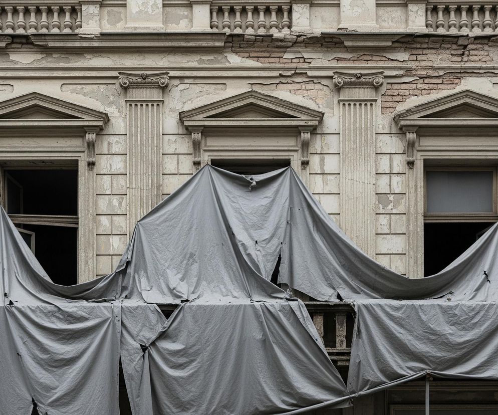 Fasada starego budynku, utrzymana w odcieniach szarości i beżu, jest częściowo zasłonięta dużą, podartą plandeką ochronną koloru szarego, która zwisa z rusztowania. Na tle zniszczonych tynków, spod których prześwitują cegły, widoczne są trzy prostokątne otwory okienne z dekoracyjnymi nadprożami w klasycystycznym stylu, a pomiędzy nimi znajdują się pilastry z kapitelami. Całość budynku wygląda na opuszczoną i w stanie remontu lub rozbiórki.