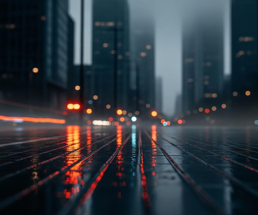 Mokra, ciemna nawierzchnia z równoległymi, poziomymi pasami dominuje dolną część obrazu, odbijając rozmazane, kolorowe światła. Czerwone refleksy światła samochodów lub sygnalizacji świetlnej rozciągają się w postaci podłużnych smug po lewej stronie i w prawym dolnym rogu. W tle wznoszą się niewyraźne, ciemne sylwetki wysokich budynków, z których dobiegają liczne, rozmyte punkty światła w odcieniach pomarańczowego i białego. Całość tonie w mrocznej atmosferze, z szarą, zamgloną perspektywą w górnej części obrazu.