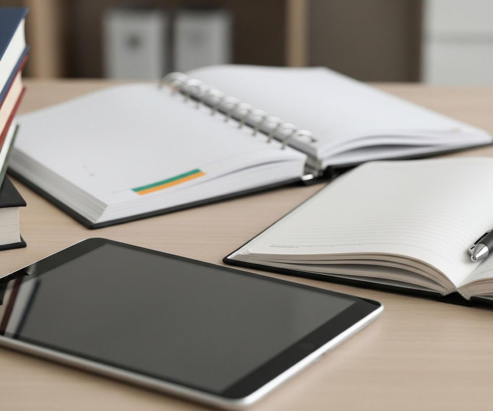 Na jasnym, drewnianym biurku leży stos książek w lewej części kadru, z ciemnoniebieską okładką na wierzchu, pod nią czerwona, kremowa i zielona. Obok stosu książek, na środku obrazu, leży otwarty notes z metalową spiralą i białymi kartkami, na jednej z nich widoczne są poziome paski w kolorach zielonym i pomarańczowym. Na pierwszym planie, bliżej prawej strony, leży tablet z ciemnym, wyłączonym ekranem, a za nim częściowo widoczny jest kolejny otwarty notes w kratkę z czarnym długopisem leżącym na jednej z jego białych kartek. W tle, rozmyte, widoczne są fragmenty półek z przedmiotami biurowymi, takimi jak białe segregatory.